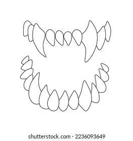 Vector isolated simple minimal scary jaws teeth and long fangs colorless black   white contour line easy drawing
