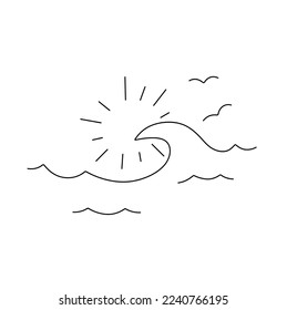 Vector isolated simple minimal wave and sun rays   birds  colorless black   white contour line easy drawing
