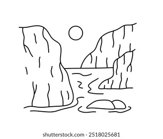Vector aislado montañas simples y paisaje marino incoloro línea de contorno blanco y negro fácil de dibujar