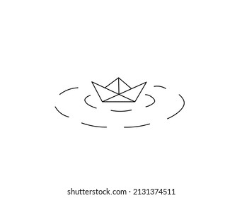 Vector isolated simple paper origami boat floating on water colorless black and white contour line drawing