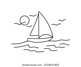 Vector isolated simple sailing boat at sea landscape colorless black and white contour line easy drawing