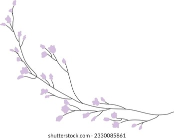 Vector aislado Sakura simple línea fina decoración floral con hojas tatuaje de las flores línea de contorno blanco y negro incoloro línea fácil dibujo. flor dibujada a mano contorno de flores para la tarjeta de boda. 