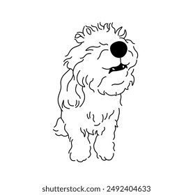 Vector isolated simple shaggy dog sitting full body colorless black and white contour line easy drawing