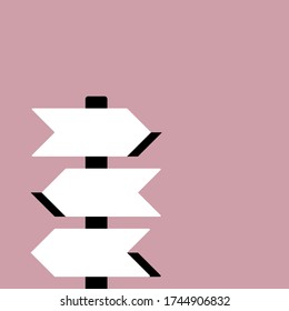 Vector isolated simple signpost on pink background with empty space, three color concept, minimal concept, minimalism, monochrome, poster and postcard, illustration