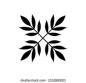 Ornamento de hojas simétricas simples aisladas de vectores en cuadrado cuatro esquinas contorno de bloque esténcil negro