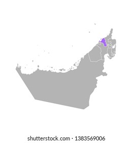 Vector isolated simplified colorful illustration with grey silhouette of United Arab Emirates (UAE), violet contour of  Umm Al Quwain region and white outline of emirates borders. White background