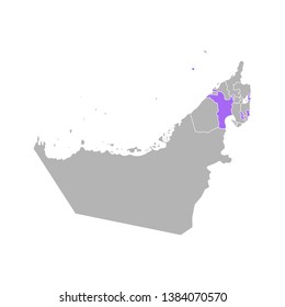 Vector isolated simplified colorful illustration with grey silhouette of United Arab Emirates (UAE), violet contour of Sharjah  region and white outline of emirates borders. White background