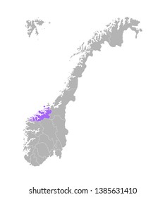 Vector isolated simplified colorful illustration with grey silhouette of Norway, violet contour of Møre og Romsdal region and white outline of norwegian borders. White background