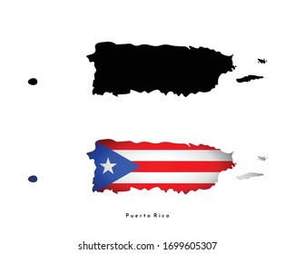 Ilustración simplificada vectorial iconы con silueta negra de Puerto Rico (islas) mapa y mapa con bandera nacional puertorriqueña. Fondo blanco