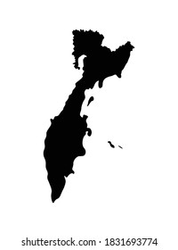 Vector isolated simplified illustration with black silhouette of Kamchatka Krai (federal subject of Russia) map. Contour of peninsula with Karaginsky Island and Commander Islands. White background