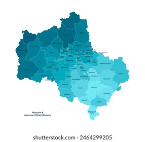 Vector isolated simplified illustration with blue shape of Moscow oblast with capital Moscow map, federal subjects. Map with administrative division. Text in english language. White background