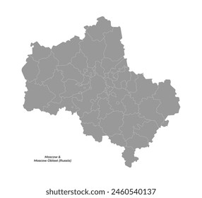 Vector isolated simplified illustration with gray shape of Moscow oblast with capital Moscow map, federal subjects. Map with administrative division. White background