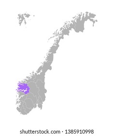 Vector isolated simplified illustration with grey silhouette of Norway, violet contour of Sogn og Fjordane region and white outlines of norwegian borders. White background