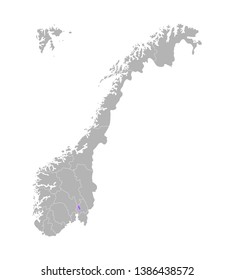 Vector isolated simplified illustration with grey silhouette of Norway, violet contour of Oslo region and white outlines of norwegian borders. White background