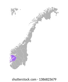 Vector isolated simplified illustration with grey silhouette of Norway, violet contour of Hordaland region and white outlines of norwegian borders. White background