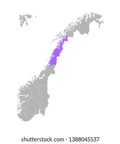 Vector isolated simplified illustration with grey silhouette of Norway, violet contour of Nordland region and white outlines of norwegian borders. White background