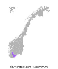 Vector isolated simplified illustration with grey silhouette of Norway, violet contour of Aust-Agder region and white outlines of norwegian borders. White background