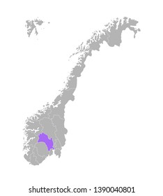 Vector isolated simplified illustration with grey silhouette of Norway, violet contour of Buskerud region and white outlines of norwegian borders. White background