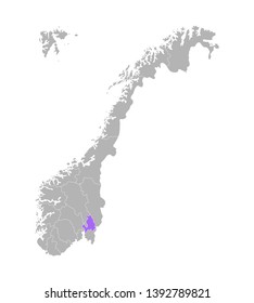 Vector isolated simplified illustration with grey silhouette of Norway, violet contour of Akershus region and white outlines of norwegian borders. White background