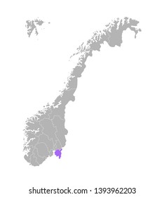 Vector isolated simplified illustration with grey silhouette of Norway, violet contour of Østfold region and white outlines of norwegian borders. White background