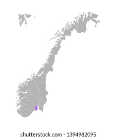 Vector isolated simplified illustration with grey silhouette of Norway, violet contour of Vestfold region and white outlines of norwegian borders. White background