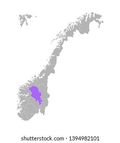 Vector isolated simplified illustration with grey silhouette of Norway, violet contour of Oppland region and white outlines of norwegian borders. White background