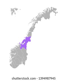 Vector isolated simplified illustration with grey silhouette of Norway, violet contour of Trøndelag region and white outlines of norwegian borders. White background