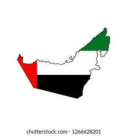 Vector isolated simplified illustration icon with silhouette of mainland United Arab Emirates in flag colors (UAE). White background