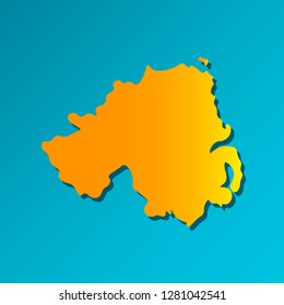 Vector isolated simplified illustration icon with orange silhouette of North Ireland's map (United Kingdom of Great Britain). Blue background