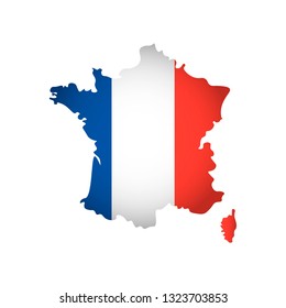 Vector isolated simplified illustration icon with silhouette of France map. National French flag (blue, white, red colors). White background