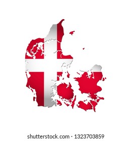 Vector isolated simplified illustration icon with silhouette of Denmark map. National red and white cross Danish flag. White background