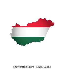 Vector isolated simplified illustration icon with silhouette of Hungary map. National Hungarian flag (red, white, green colors). White background