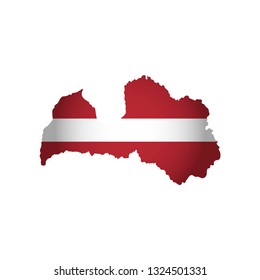 Vector isolated simplified illustration icon with silhouette of Latvia map. National Latvian flag (red, white colors). White background