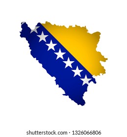Vector isolated simplified illustration icon with silhouette of Bosnia and Herzegovina map. National flag (blue, yellow, white colors). White background