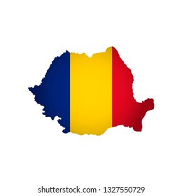 Vector isolated simplified illustration icon with silhouette of Romania map. National Romanian flag (red, yellow, blue colors). White background