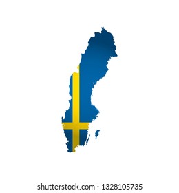 Vector isolated simplified illustration icon with silhouette of Sweden map. National Sweden flag (yellow, blue colors). White background