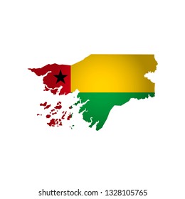 Vector isolated simplified illustration icon with silhouette of Guinea Bissau map. National flag (red, black, yellow, green colors). White background