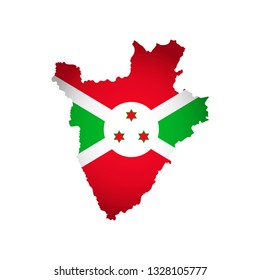 Vector isolated simplified illustration icon with silhouette of Burundi map. National flag (red, green, white colors). White background