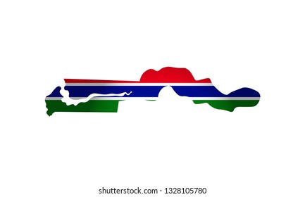 Vector isolated simplified illustration icon with silhouette of Gambia map. National flag (red, blue, green, white colors). White background