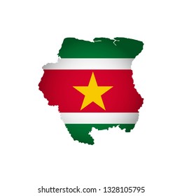 Vector isolated simplified illustration icon with silhouette of Suriname map. National flag (red, yellow, green, white colors). White background
