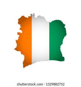 Vector isolated simplified illustration icon with silhouette of Cote D'ivoire map. National flag. White background