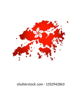 Vector isolated simplified illustration icon with silhouette of Hong Kong map. National flag with five-petal Hong Kong orchid tree flower. White background