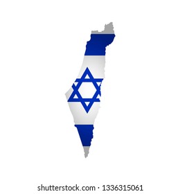 Vector isolated simplified illustration icon with silhouette of Israel map. National flag. White background. Note: map shown with disputed territories  of Gaza and West Bank, Golan