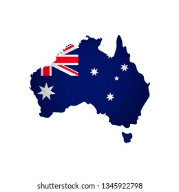 Vector isolated simplified illustration icon with silhouette of Australia map. National flag. White background