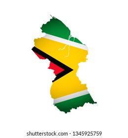Vector isolated simplified illustration icon with silhouette of Guyana map. National Guyana flag (red, yellow, black, green colors). White background