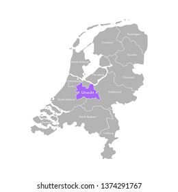 Vector isolated simplified illustration icon with grey silhouette of Netherlands' (Holland) provinces. Selected administrative division - Utrecht. White outline and background