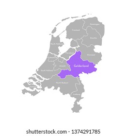 Vector isolated simplified illustration icon with grey silhouette of Netherlands' (Holland) provinces. Selected administrative division - Gelderland. White outline and background