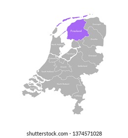 Vector isolated simplified illustration icon with grey silhouette of Netherlands' (Holland) provinces. Selected administrative division - Friesland. White outline and background