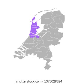 Vector isolated simplified illustration icon with grey silhouette of Netherlands' (Holland) provinces. Selected administrative division - North Holland. White outline and background