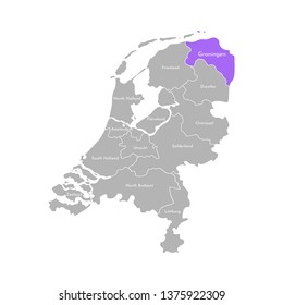 Vector isolated simplified illustration icon with grey silhouette of Netherlands' (Holland) provinces. Selected administrative division - Groningen. White outline and background